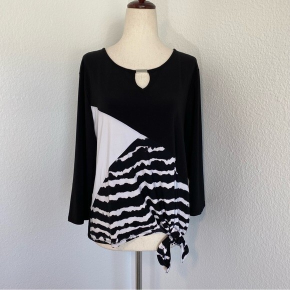 Black White Color Block Wave Pattern Key Hole Cut Out Tie Front Blouse Size PL - Picture 1 of 12